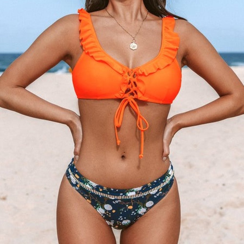 Lace Up Ruffle Floral Bikini